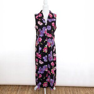 Linen Blend Black Button Shirt Dress 14 Vintage Lattice Back Cottage Prairie 90s